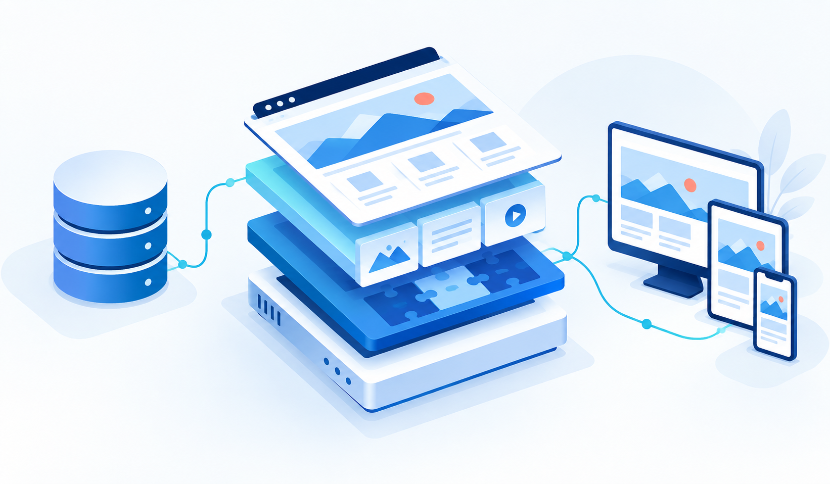 Ilustracja architektury WordPress — dedykowany motyw, treść i minimum wtyczek
