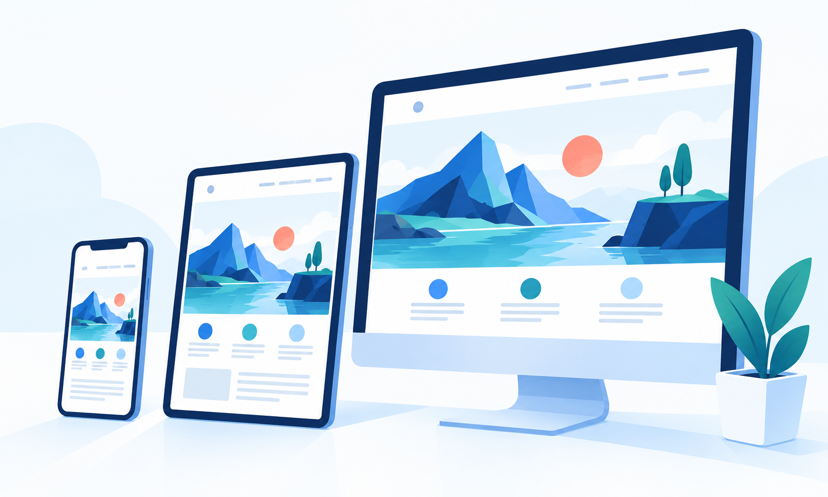 Responsive layout illustration — one interface across phone, tablet and desktop