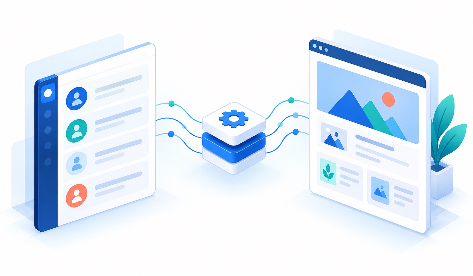 Custom CRM and CMS illustration — structured records, approvals and publishing workflow