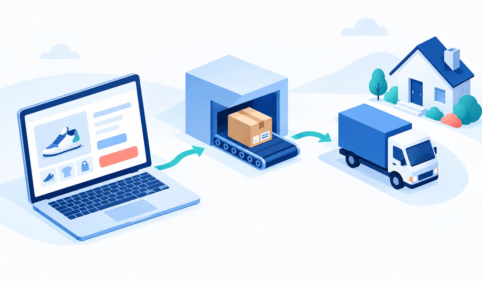 Ілюстрація e-commerce-архітектури — каталог, кошик, оплата та виконання замовлення